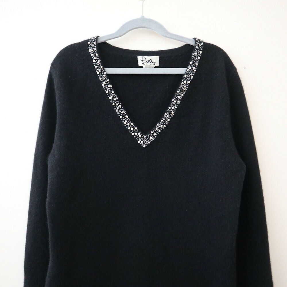 Lilly Pulitzer Size S Cashmere V Neck Pullover Sweater Black Bead Embellished - Picture 3 of 9